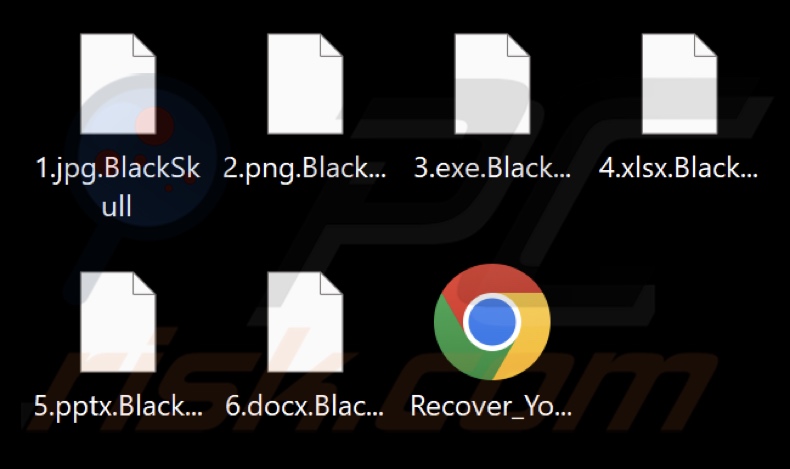 Ficheiros encriptados pelo ransomware BlackSkull (extensão .BlackSkull)