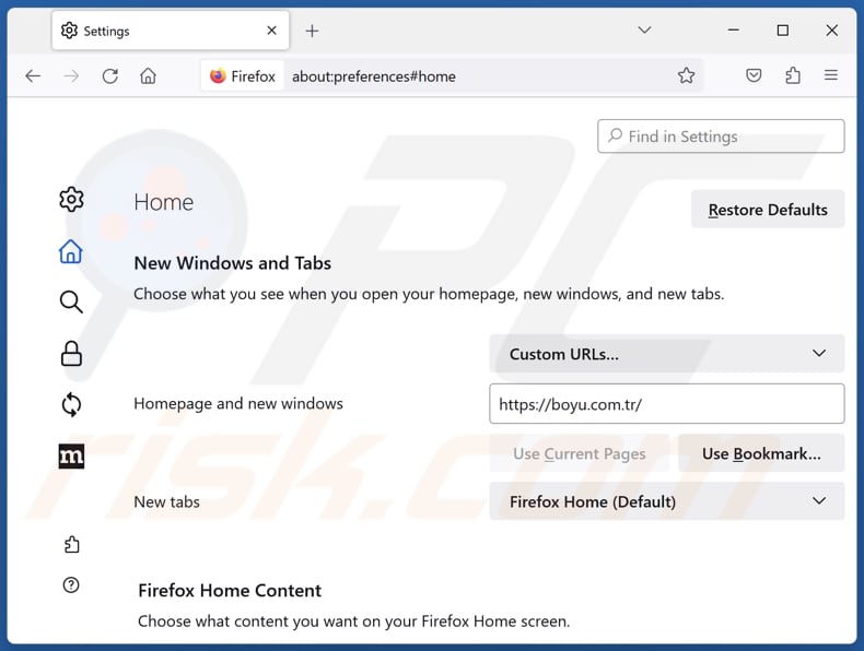 Removendo boyu.com.tr da página inicial do Mozilla Firefox