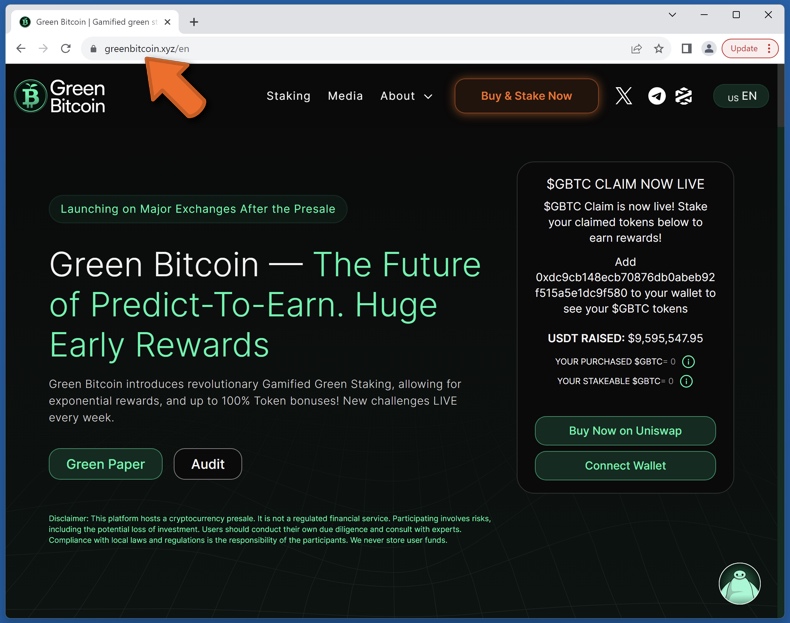 Aparência da verdadeira plataforma Green Bitcoin (greenbitcoin.xyz)