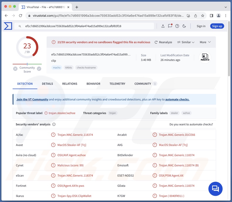 Detecções de malware ClipWallet no VirusTotal