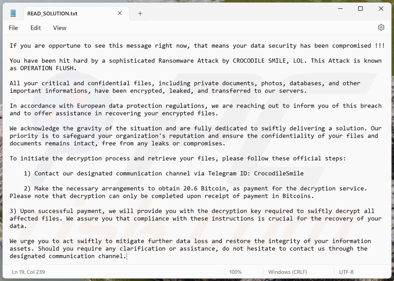 Nota de resgate do ransomware Crocodile Smile (READ_SOLUTION.txt)