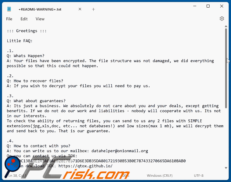 Ficheiro de texto do ransomware Datah (+README-WARNING+.txt)