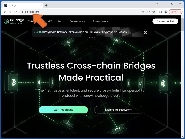 Aparência do sítio Web real do zkBridge (zkbridge.com)