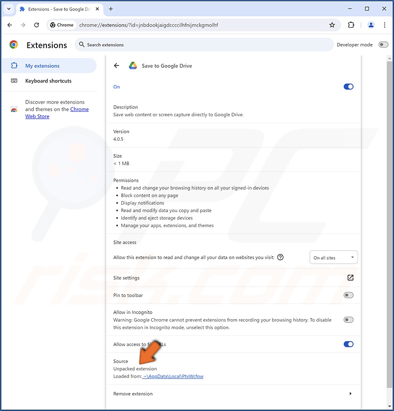 Detalhes da extensão do navegador da extensão Fake Save to Google Drive