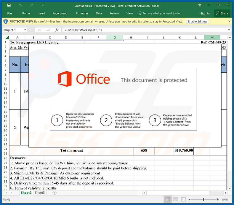 Documento malicioso do MS Excel distribuído através do esquema de correio eletrónico do Preço Final (2024-04-08)