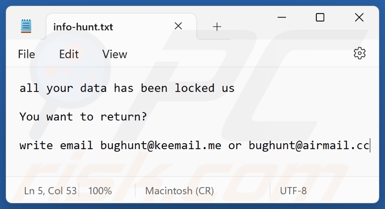 Ficheiro de texto do ransomware Hunt (info-hunt.txt)