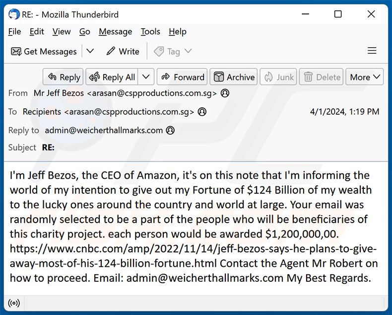 Jeff Bezos Charity Project burla por correio eletrónico (2024-04-05)