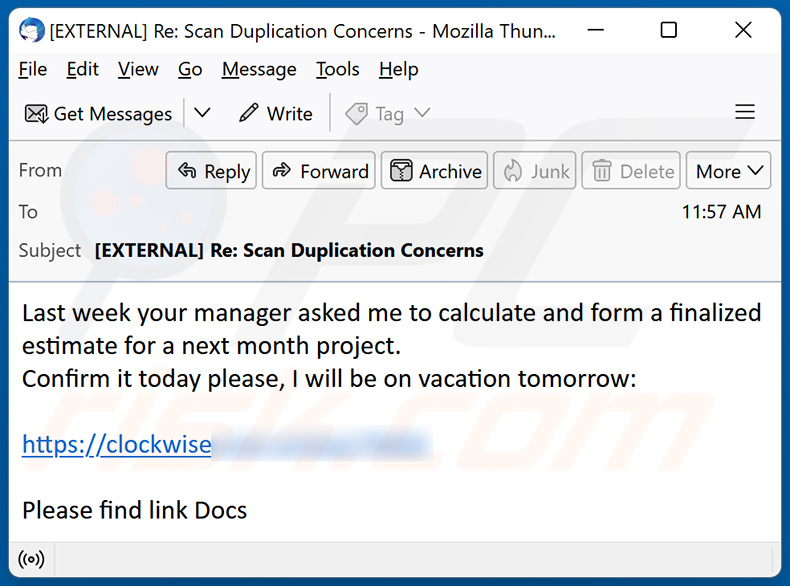 Email de spam que dissemina o malware Latrodectus (exemplo 2)