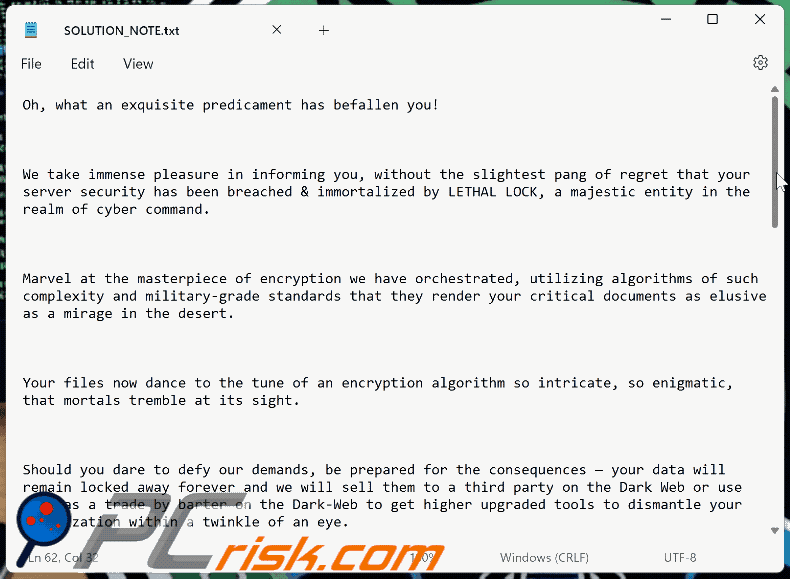 Lethal Lock ransomware ficheiro de texto (SOLUTION_NOTE.txt)