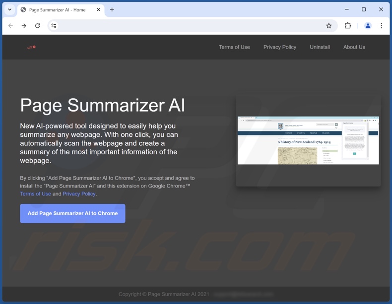 Website que promove a IA do Sumarizador de Páginas
