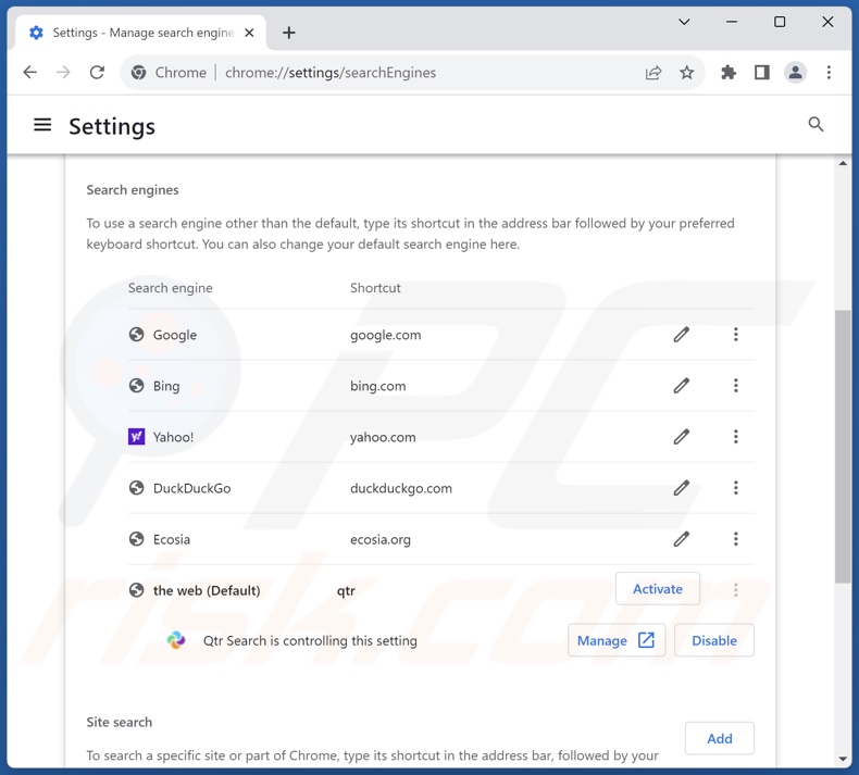 Remoção de qtrserach.com do motor de pesquisa pré-definido do Google Chrome