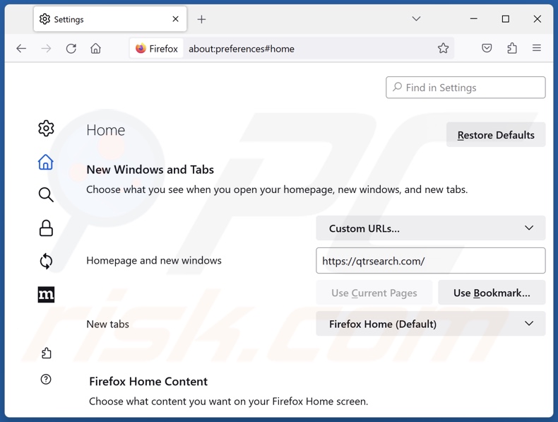 Removendo qtrserach.com da página inicial do Mozilla Firefox