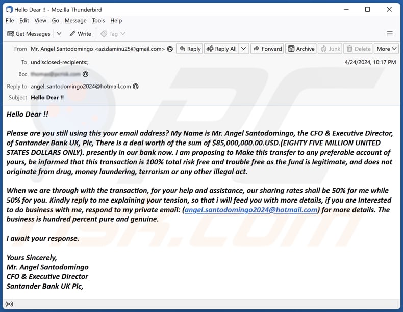Santander Bank Deal campanha de spam por correio eletrónico