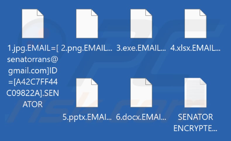 Ficheiros encriptados por Senator ransomware (extensão .SENATOR)