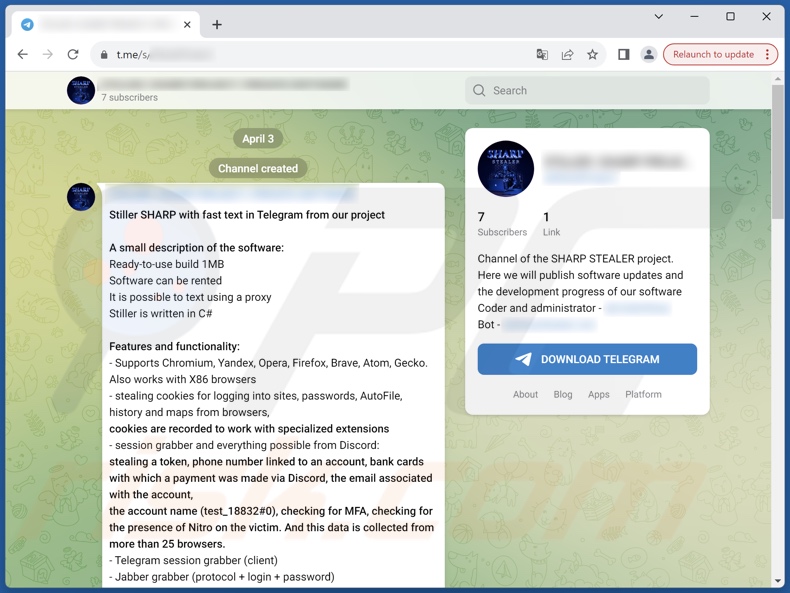 Malware Sharp promovido no Telegram
