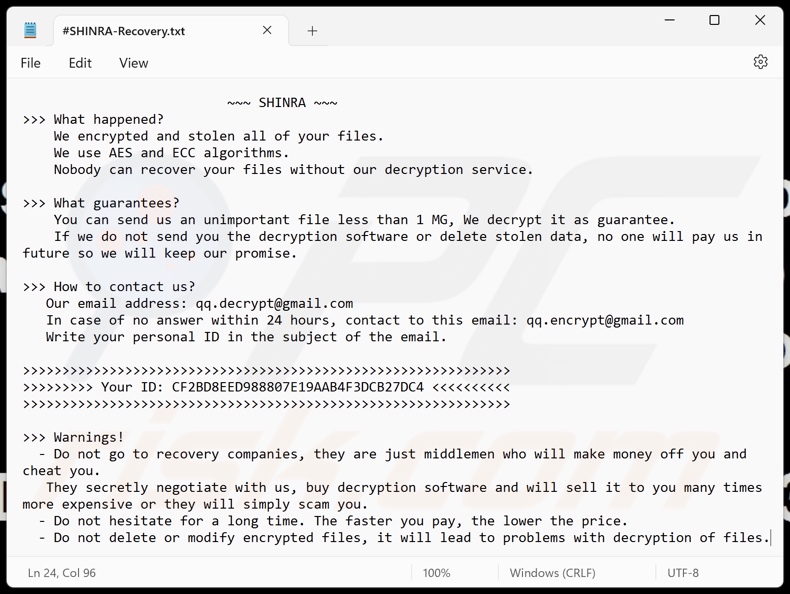 SHINRA ransomware nota de resgate (#SHINRA-Recovery.txt)