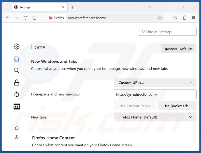 Remoção do sysredirector.com da página inicial do Mozilla Firefox