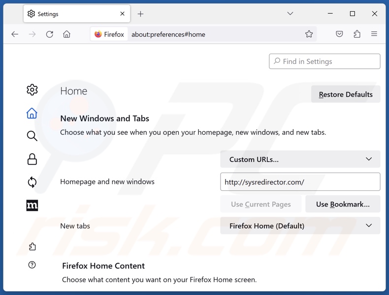 Remoção do sysredirector.com da página inicial do Mozilla Firefox