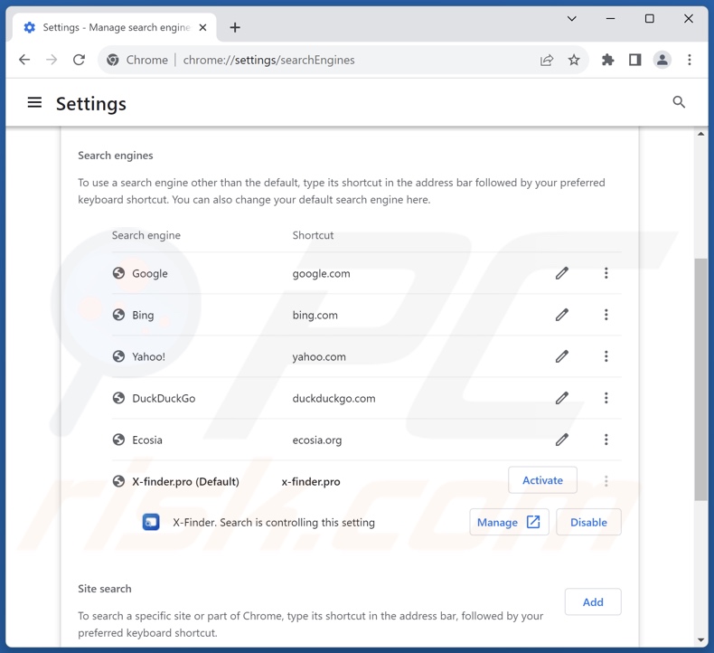 Remoção do x-finder.pro do motor de busca predefinido do Google Chrome