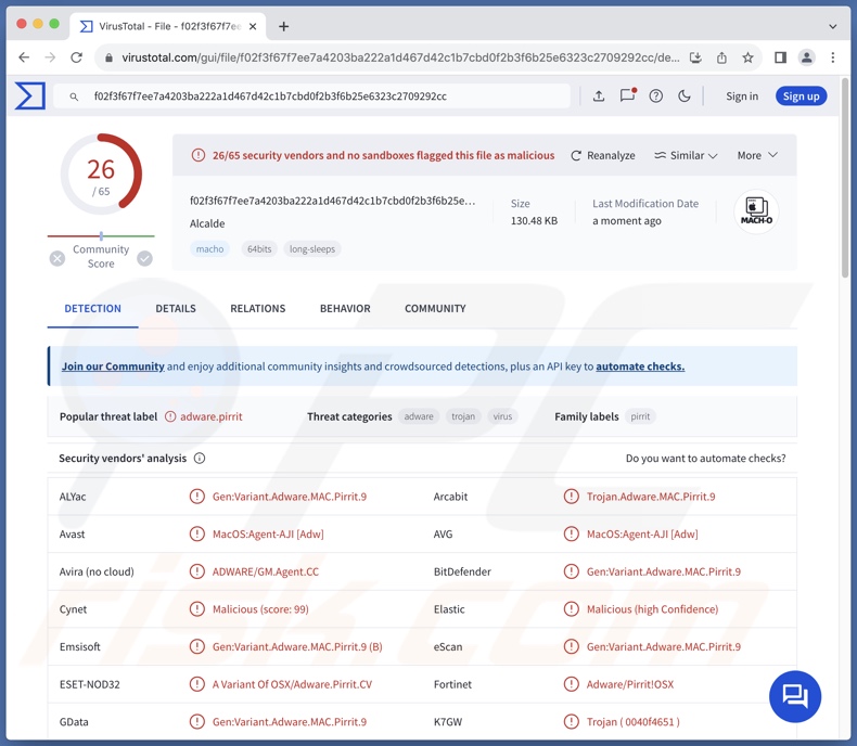 Alcalde.app detecções de adware no VirusTotal