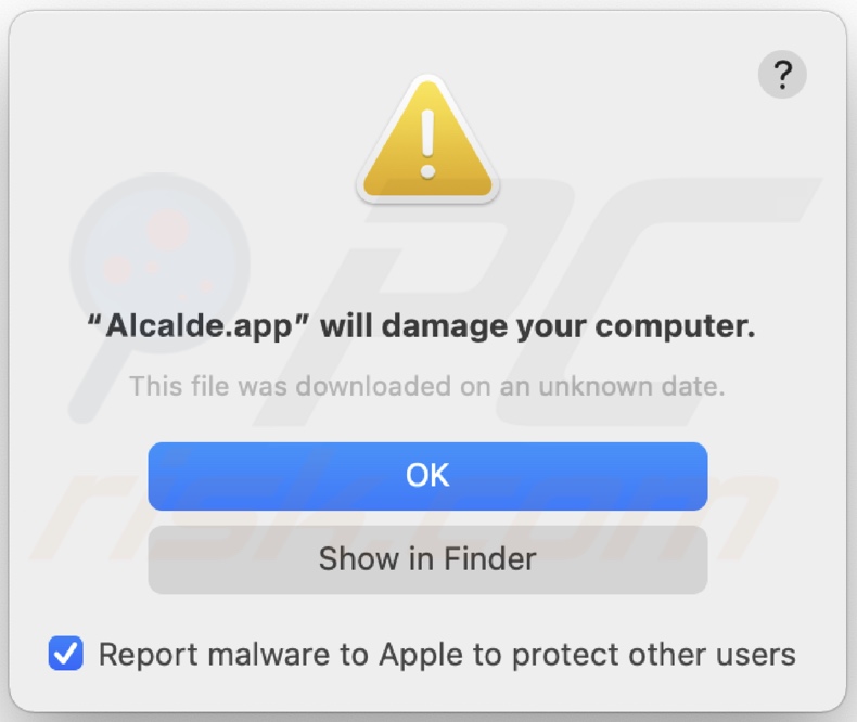 Pop-up apresentado quando o adware Alcalde.app é detectado no sistema