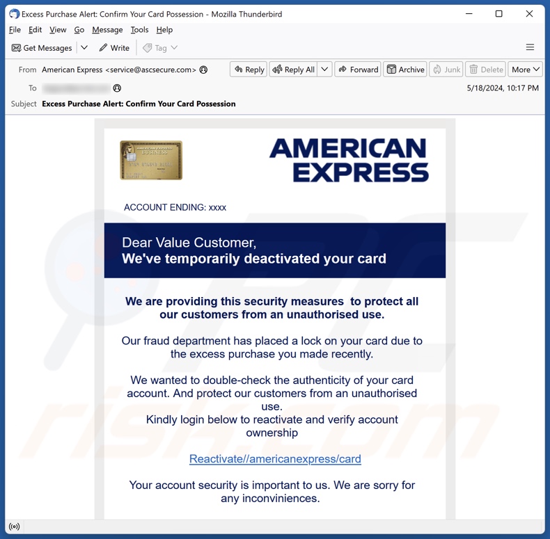 American Express Card Deactivation campanha de spam por correio eletrónico