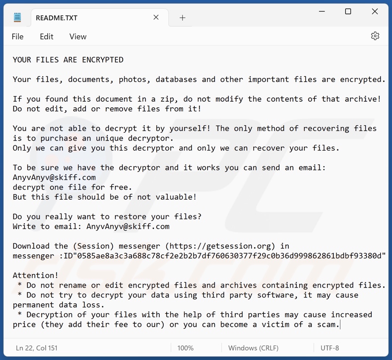 Anyv ransomware nota de resgate (README.TXT)