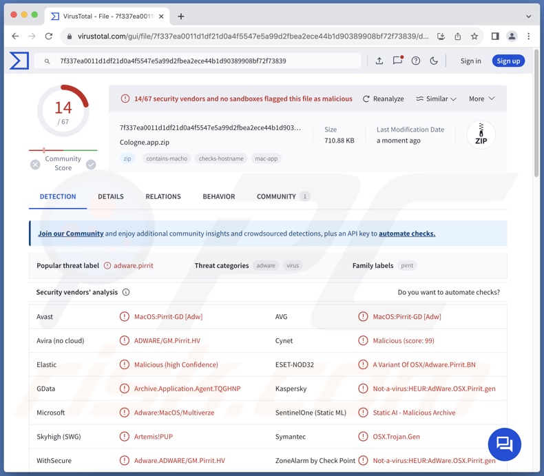 Detecções de adware Cologne.app no VirusTotal