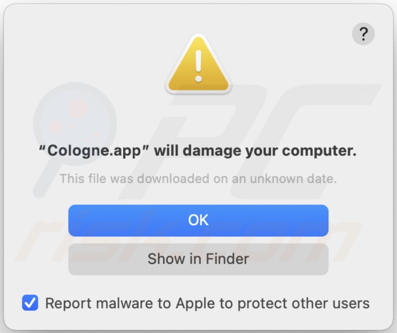 Pop-up apresentado quando o adware Cologne.app é detectado no sistema