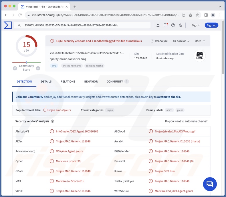 Cuckoo detecções de malware no VirusTotal