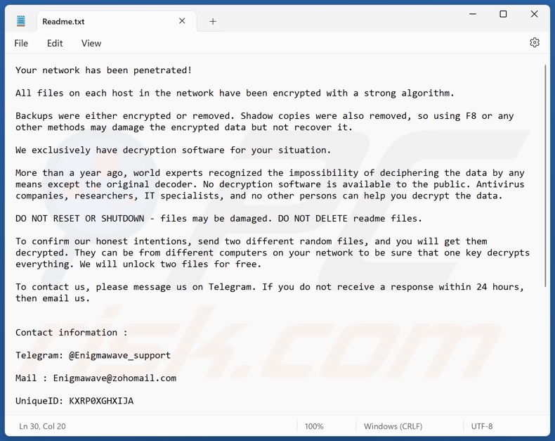 EnigmaWave ransomware nota de resgate (Readme.txt)