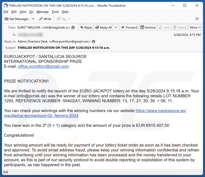 EUROJACKPOT campanha de spam por correio eletrónico