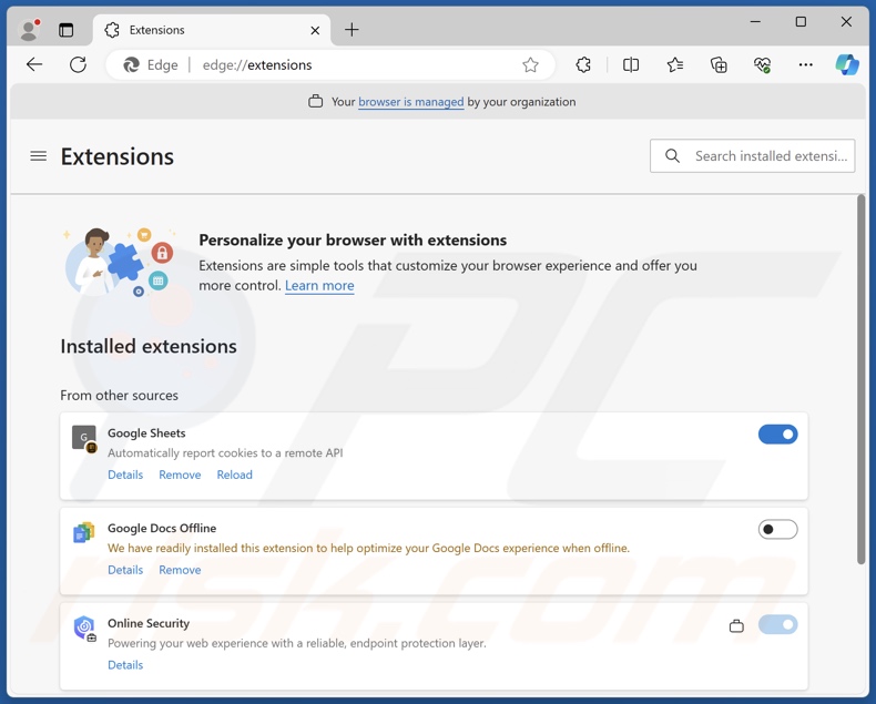 Extensão do navegador do Google Sheets falsa no Edge