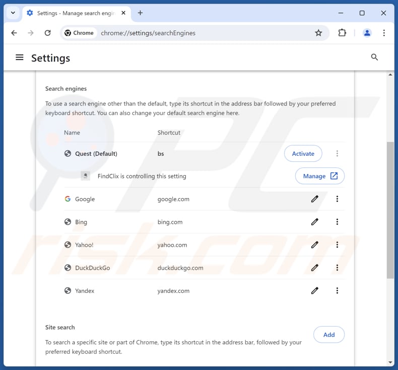 Remoção do findflarex.com do motor de busca predefinido do Google Chrome