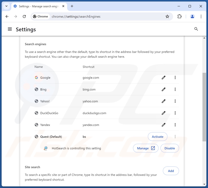 Remover hotsearch.io do motor de busca predefinido do Google Chrome