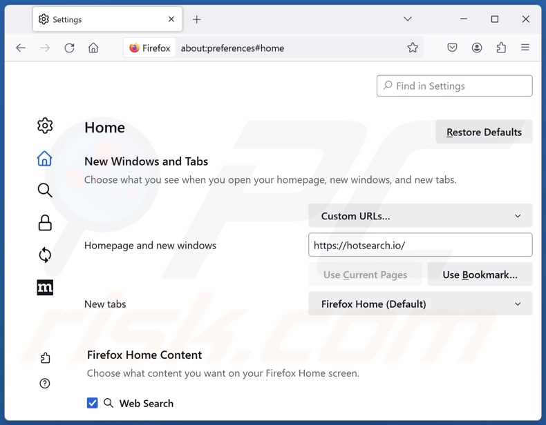 Removendo hotsearch.io da página inicial do Mozilla Firefox