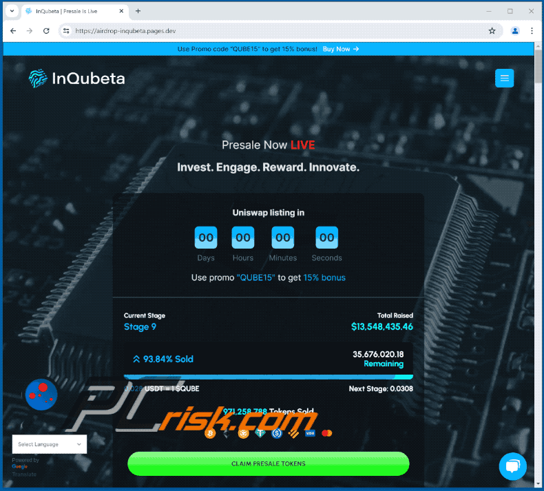 Aparência do esquema de pré-venda do Token InQubeta (GIF)