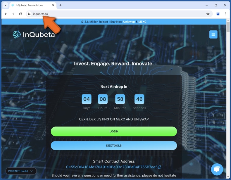 Aparência do verdadeiro sítio Web InQubeta (inqubeta.co)