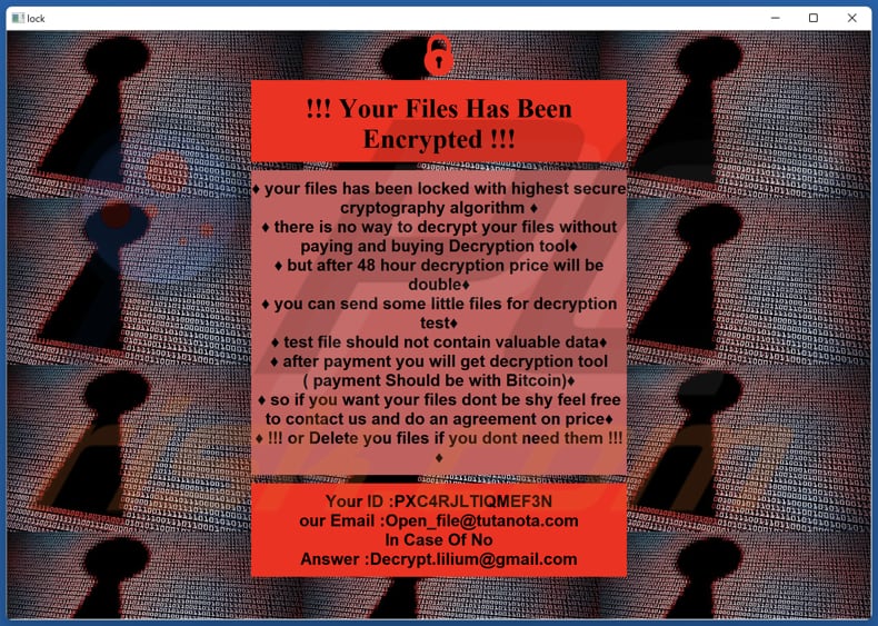 Lilium ransomware nota de resgate (!INFO.HTA)
