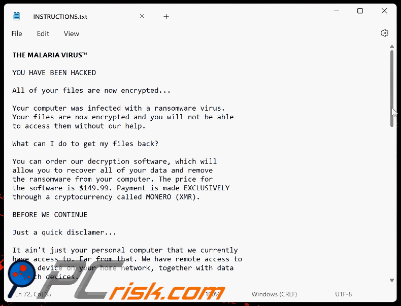 MALARIA VIRUS ransomware nota de resgate (INSTRUCTIONS.txt) GIF