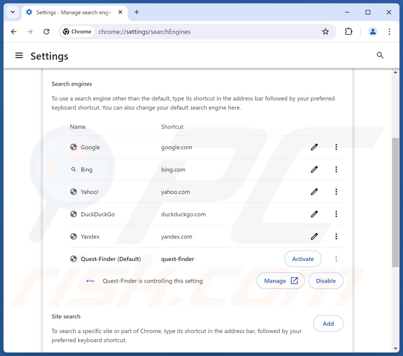 Remoção do quest-finder.com do motor de busca predefinido do Google Chrome
