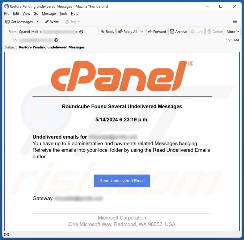Roundcube Found Several Undelivered Messages outra aparição do e-mail fraudulento