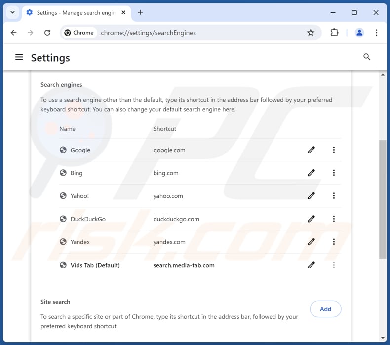 Remoção do search.media-tab.com do motor de busca predefinido do Google Chrome