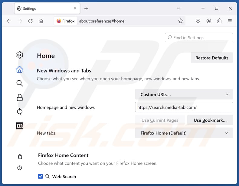 Removendo search.media-tab.com da página inicial do Mozilla Firefox