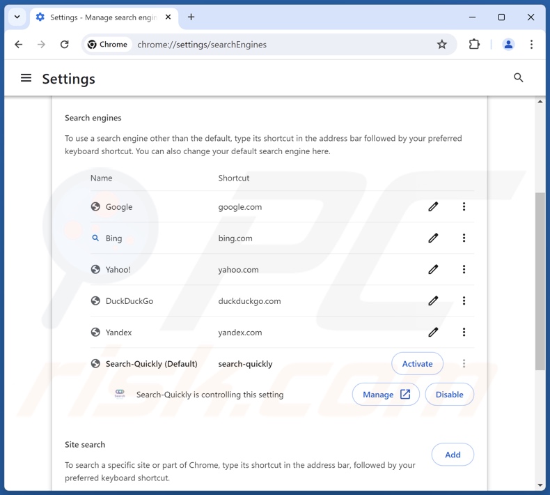 Remoção do search-quickly.com do motor de busca predefinido do Google Chrome