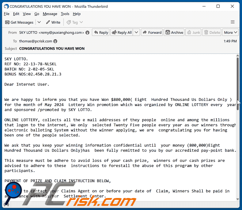 SKY LOTTO aparência de e-mail fraudulento (GIF)