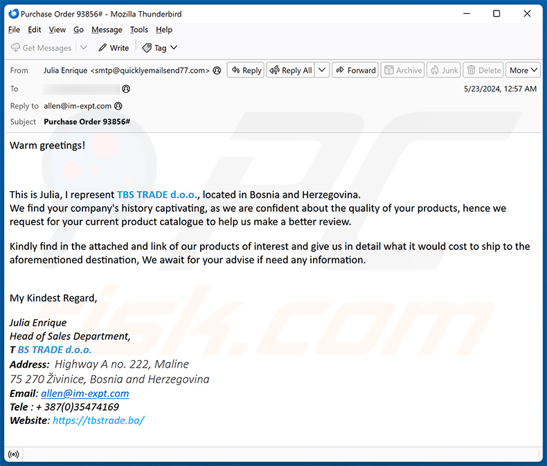 We Are Interested In Your Company Products email fraude (2024-05-24)