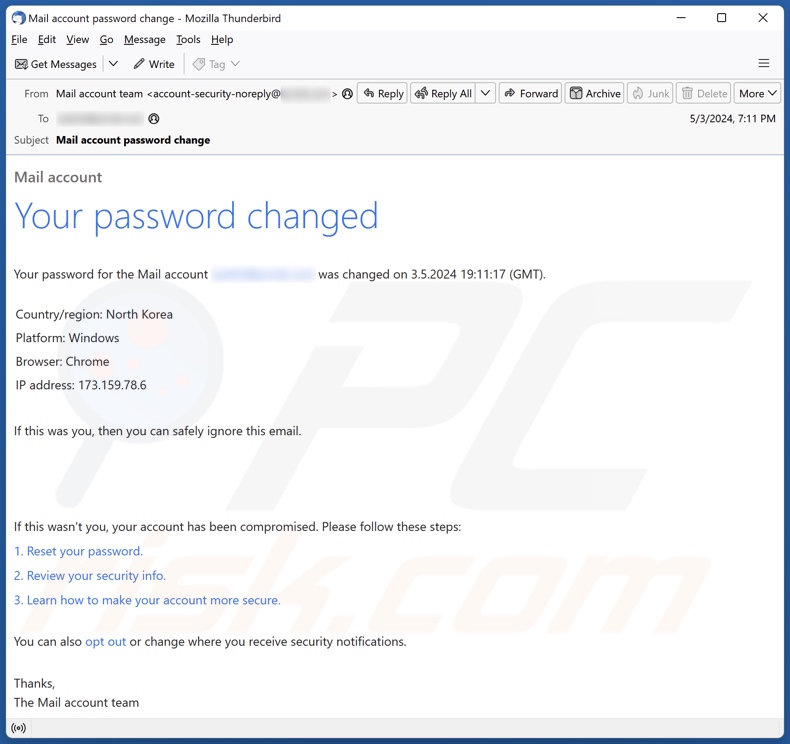 Your Password Changed campanha de spam por correio eletrónico