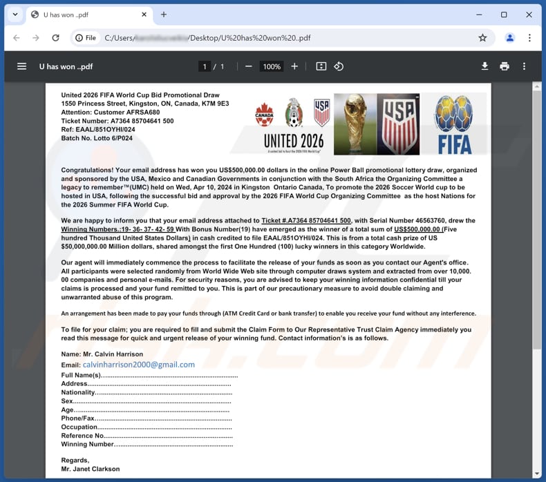 2026 FIFA World Cup Lottery anexo de fraude de correio eletrónico