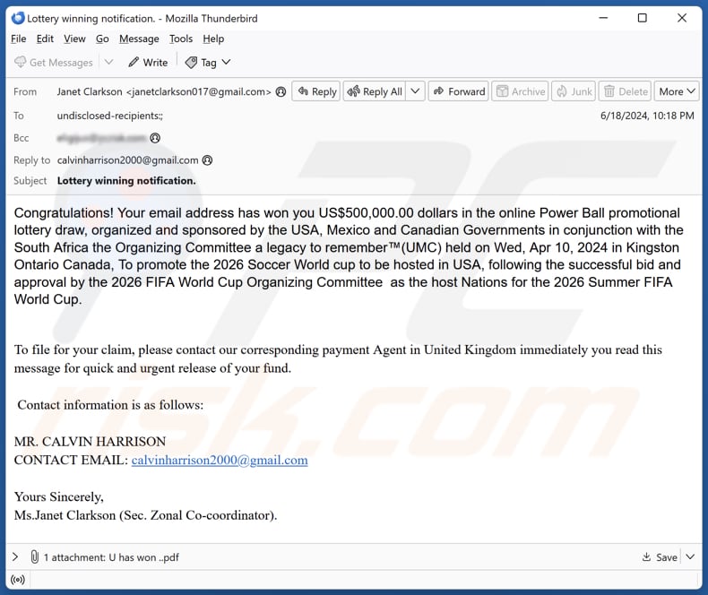 2026 FIFA World Cup Lottery campanha de spam por correio eletrónico